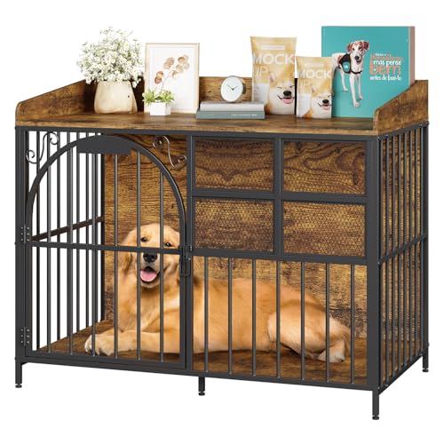 Large Dog Crate Furniture with Chew-Resistant Finish, Indoor Wooden Kennel with Storage N430