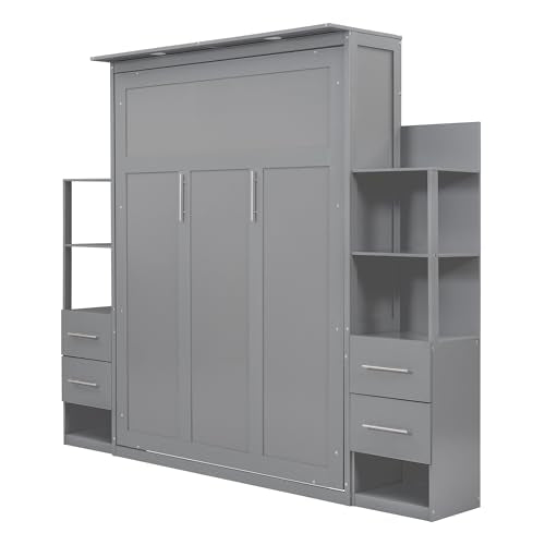Queen Size Murphy Bed with Cabinet and LED Lights M1232