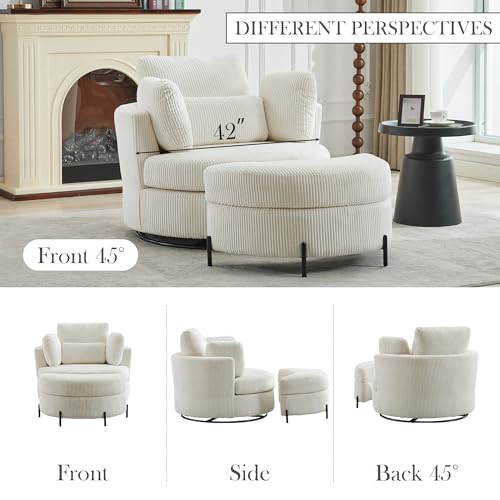 Oversized Swivel Barrel Chair with Ottoman, Chenille, Beige M813