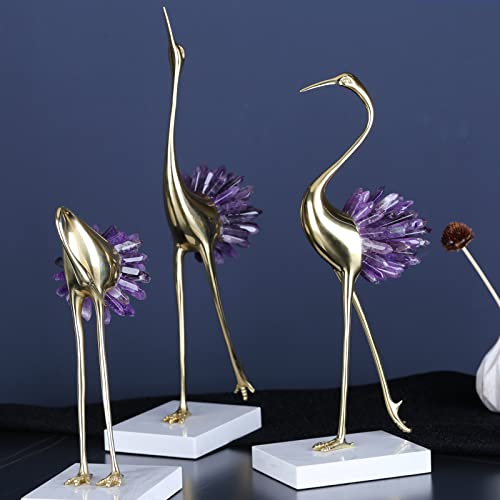 Gold Crane Bird Statue with Crystal Tail Accents, Brass Figurine for Home Decor E1797