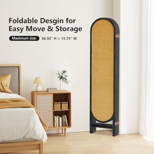 Foldable Wooden Room Divider, Hand-Woven Rattan Privacy Screen Q240970