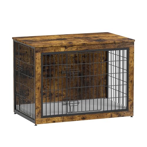 Dog Crate Furniture with Cushion, Heavy-Duty Metal Mesh, Wooden End Table with Double Doors, Indoor Kennel for Small Breed, Grey M3321
