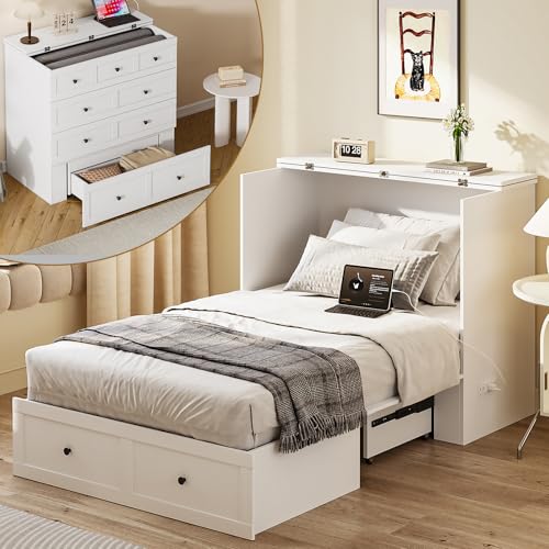 Murphy Bed with Storage & Charging Station, Foldable Panel, Distressed White C449393