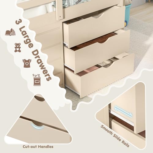 Twin Low Loft Bed with 3 Storage Drawers, Slide, Ladder & Guardrails I297242