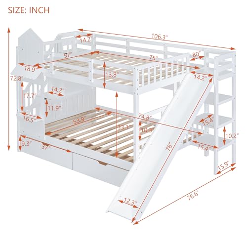 Twin Over Twin Bunk Bed with Stairs and Slide, Solid Wood Frame with Storage B8483