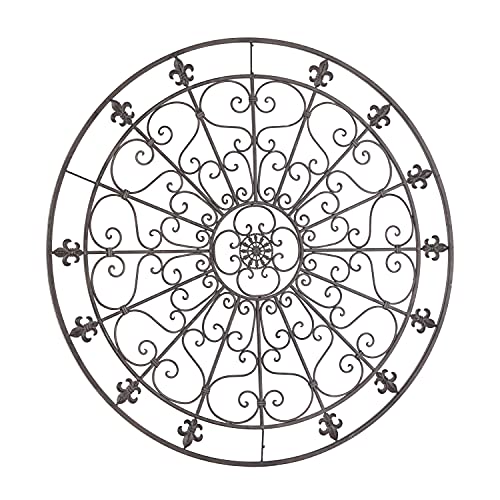 Metal Fleur De Lis Wall Decor Circle Sculpture with Scrollwork, Black W704356