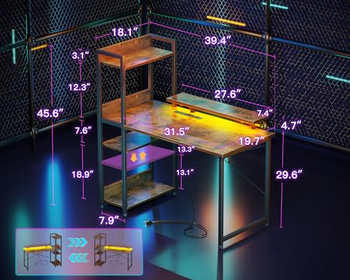 Reversible Gaming Desk with USB Charging Port and LED Lights, 40 Inch Computer Desk with Storage Shelves M571