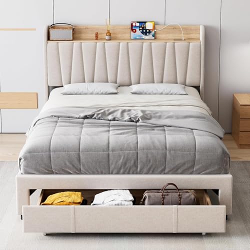 Queen Size Bed Frame with Storage Headboard and Drawers, Beige D3599