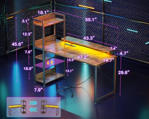 Reversible Gaming Desk with USB Charging Port and LED Lights, 40 Inch Computer Desk with Storage Shelves M571