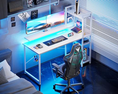 Reversible Gaming Desk with USB Charging Port and LED Lights, 40 Inch Computer Desk with Storage Shelves M571