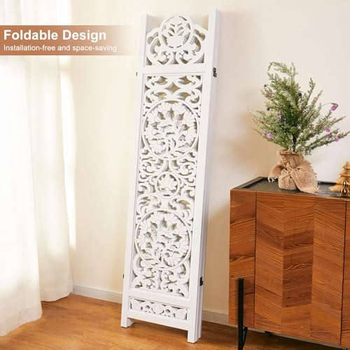 Wood Carved Room Divider 4 Panel Folding Partition Screen X503933