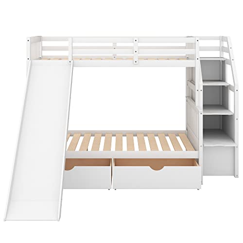 Twin Over Full Bunk Bed with Slide and Stairs for Kids I642