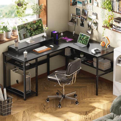 Reversible L Shaped Desk with Power Outlets and LED Light, Corner Computer Desk with Monitor Stand and Storage Shelves, Black A318171