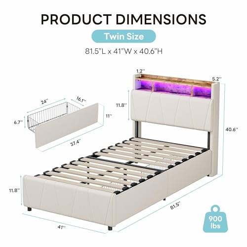 Twin Bed Frame with 2 Storage Drawers, Charging Station and LED Lights, Upholstered Platform Bed with Storage Headboard, No Box Spring Needed M8748