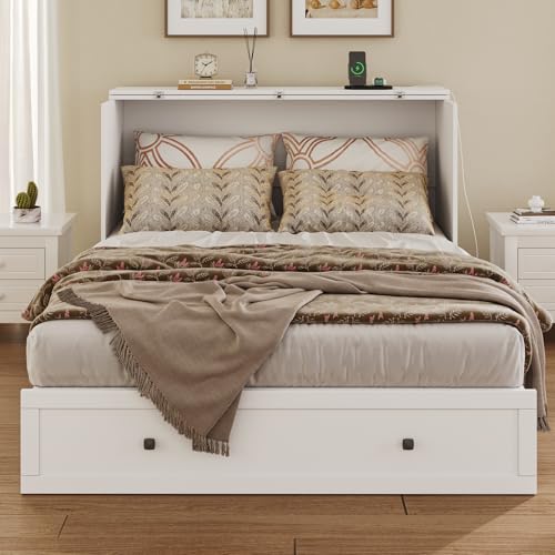 Murphy Bed with Storage & Charging Station, Foldable Panel, Distressed White C449393