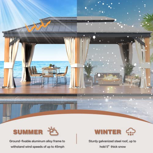 12x20 ft Hardtop Gazebo Double Roof Galvanized Steel Canopy Outdoor Aluminum Frame with Netting and Curtains X191579
