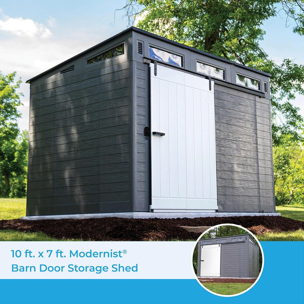 Outdoor Plastic Storage Shed 10x7 ft with Sliding Barn Door, Gray and Black E310