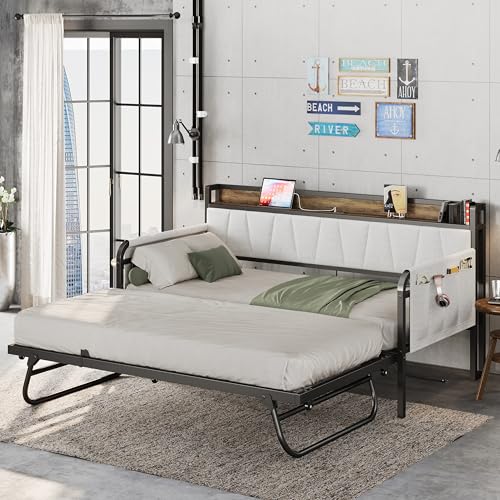 Daybed with Trundle Bed, Twin Bed Frame with Storage Headboard and Charging Station, Grey S3738