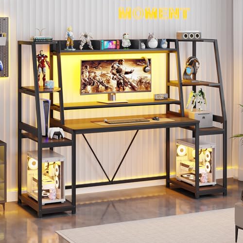 Gaming Desk with LED Lights, Hutch and Storage Shelves, Black O742