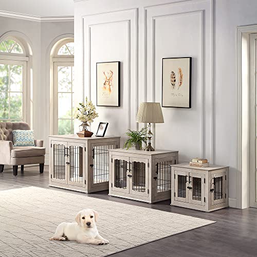 Wooden Dog Crate End Table with Double Doors and Pet Bed E595686