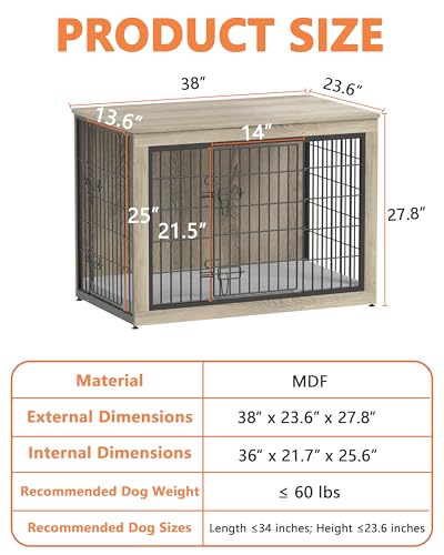 Dog Crate Furniture with Cushion, Heavy-Duty Metal Mesh, Wooden End Table with Double Doors, Indoor Kennel for Small Breed, Grey M3321