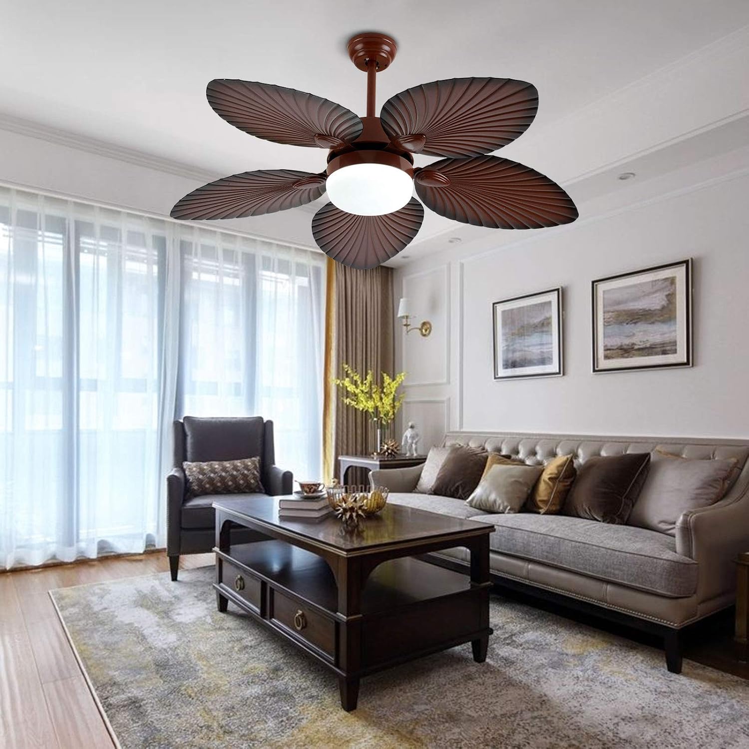 Tropical Ceiling Fan with LED Light, 52 Inch Palm Leaf Blades, Remote Control F295