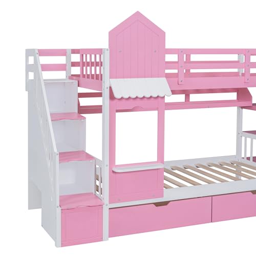 Twin Over Twin Bunk Bed with Stairs and Slide, Solid Wood Frame with Storage B8483