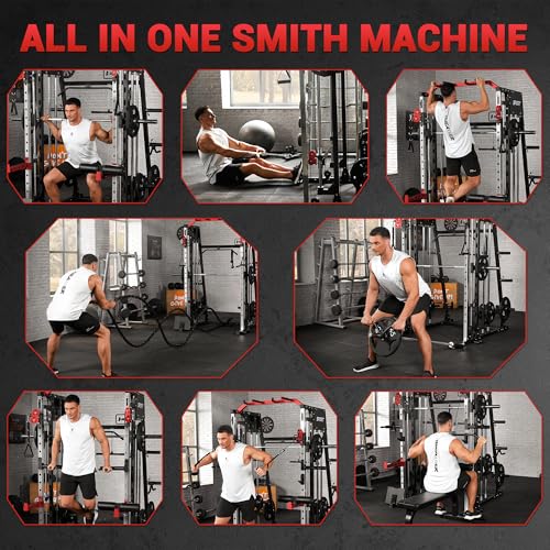 Smith Machine Home Gym All in One Squat Rack Power Cage with Cable Systems E5406