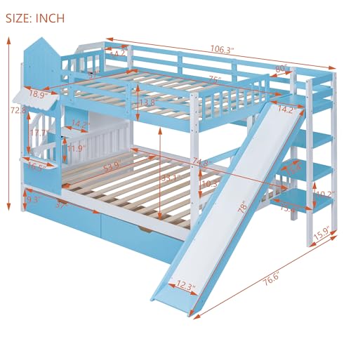 Twin Over Twin Bunk Bed with Stairs and Slide, Solid Wood Frame with Storage B8483