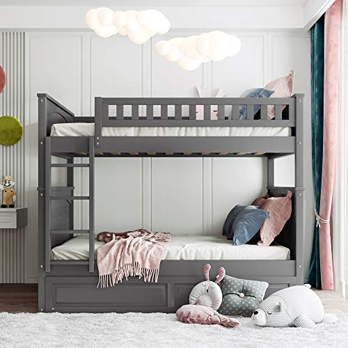 Twin Over Full Bunk Bed with Slide and Stairs for Kids I642