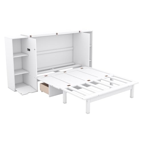 Murphy Bed Chest with Shelves and USB Ports, Foldable Wood Frame Y56482