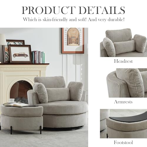 Oversized Swivel Barrel Chair with Ottoman, Chenille, Beige M813