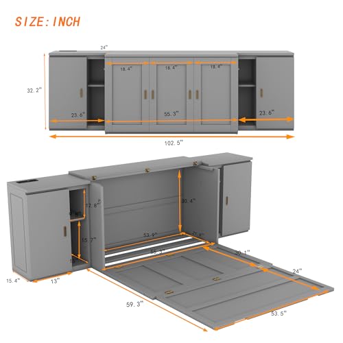 Murphy Bed Chest with Shelves and USB Ports, Foldable Wood Frame Y56482