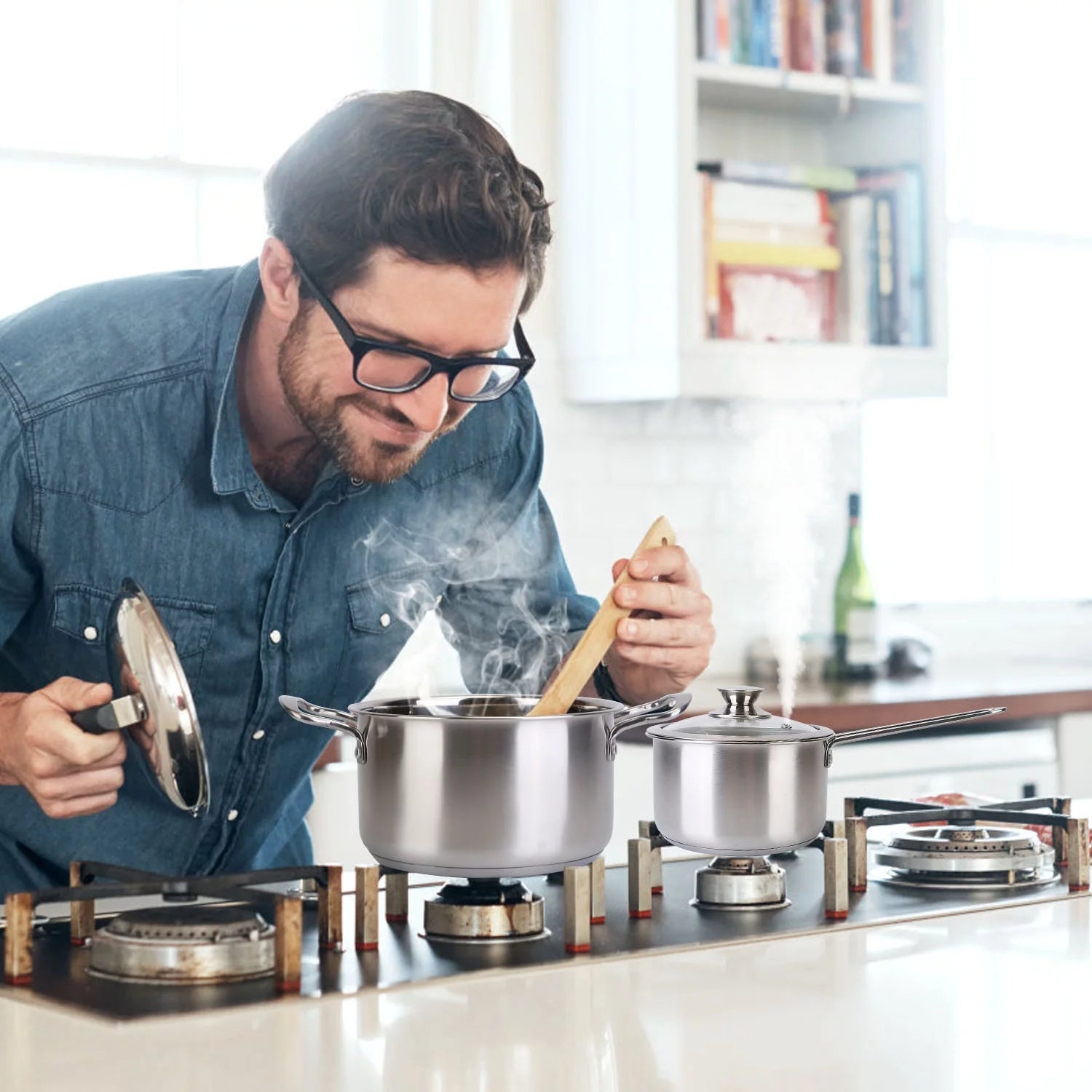 Stainless Steel Cookware Set with Stockpot, Saucepan, and Frying Pan D755813