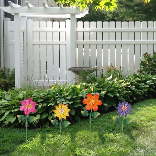 Metal Flower Garden Stakes, 4 Pcs 19" Outdoor Yard Decor with Shaking Heads N631