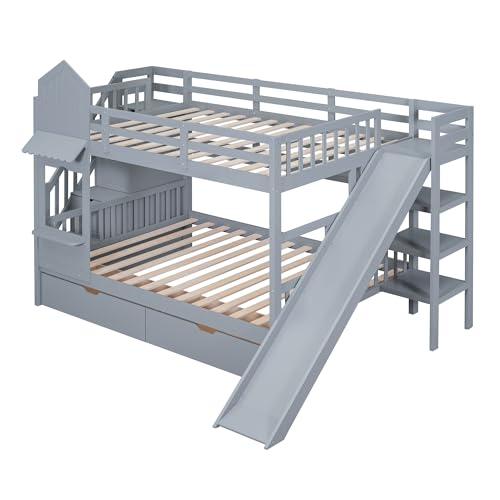 Twin Over Twin Bunk Bed with Stairs and Slide, Solid Wood Frame with Storage B8483