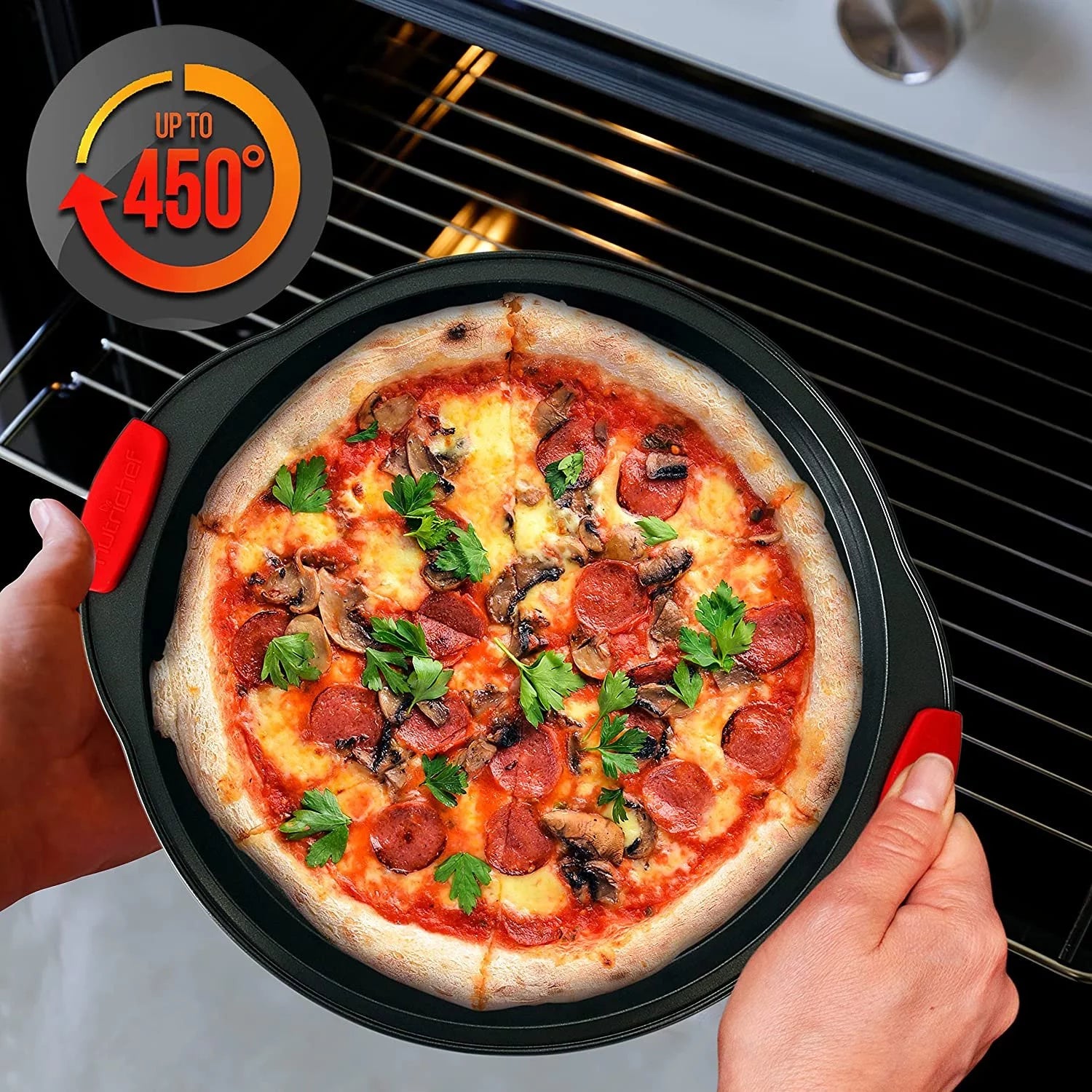 Non-Stick Pizza Tray with Silicone Handle, Round Steel Pan with Perforated Holes W84840