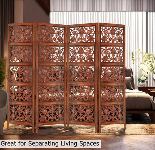 4 Panel Folding Wood Room Divider, Antique Brown, 72 x 80 P209