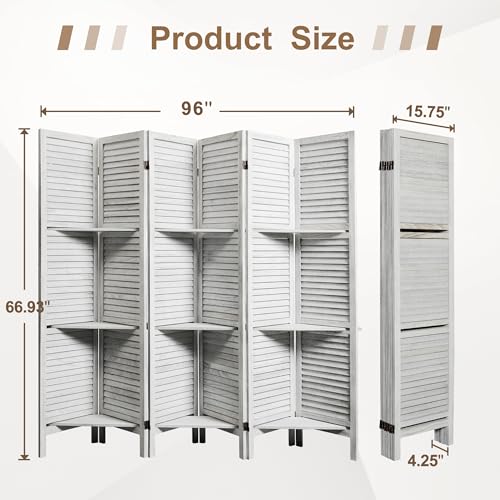 6 Panel Wooden Room Divider with Shelves P850285