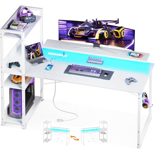 Reversible Gaming Desk with USB Charging Port and LED Lights, 40 Inch Computer Desk with Storage Shelves M571