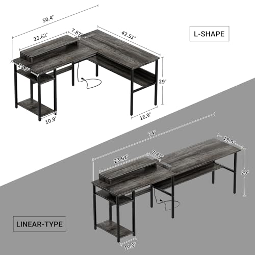 Reversible L Shaped Desk with Power Outlets and LED Light, Corner Computer Desk with Monitor Stand and Storage Shelves, Black A318171