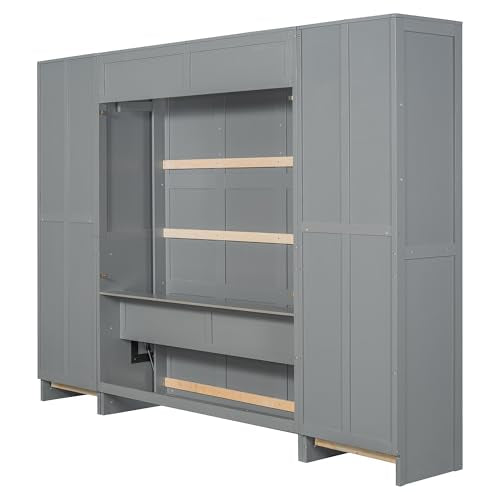 Murphy Bed Queen Size with Built-in Shelves, Storage Drawers and Wardrobe, Grey A491