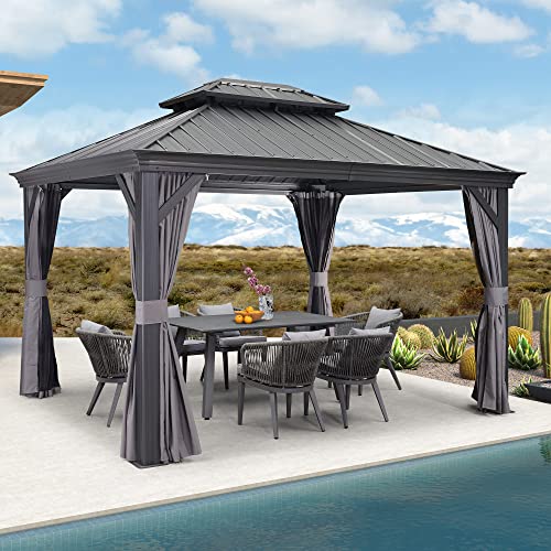 10' x 14' Permanent Hardtop Gazebo with Galvanized Steel Double Roof, Curtains and Netting Included M871