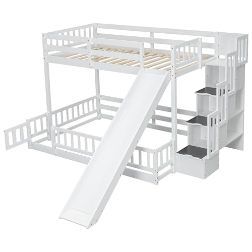 Twin Over Full Bunk Bed with Slide and Storage Staircase X183