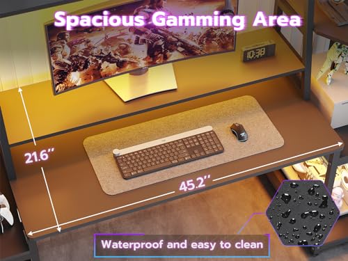 Gaming Desk with LED Lights, Hutch and Storage Shelves, Black O742