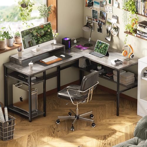 Reversible L Shaped Desk with Power Outlets and LED Light, Corner Computer Desk with Monitor Stand and Storage Shelves, Black A318171