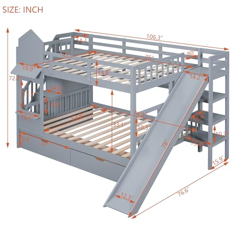 Kids Bunk Bed with Stairs and Slide, Twin Over Twin, Gray O540