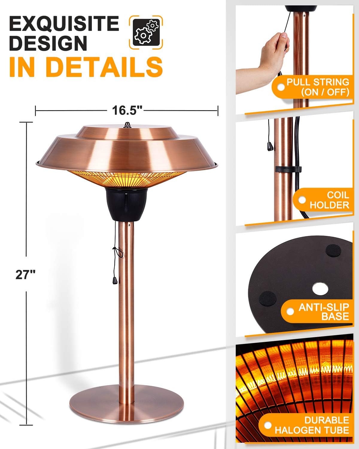 Electric Patio Heater, 1500W Infrared Tabletop Heater, IP44 Waterproof A612920