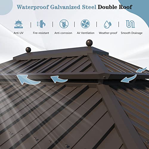 12x16 ft Hardtop Gazebo with Double Roof, Curtains and Netting T94173