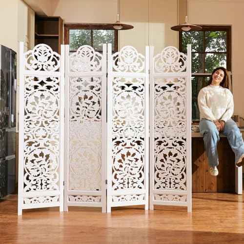 Wood Carved Room Divider 4 Panel Folding Partition Screen X503933